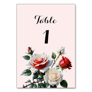 Pretty pink white red roses floral wedding table number