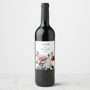 Pretty pink white red roses floral wedding wine label