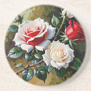 Pretty pink white red roses oil painting coaster