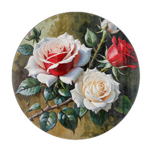 Pretty pink white red roses oil painting cutting board