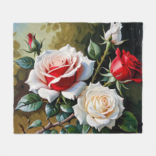 Pretty pink white red roses oil painting fleece blanket