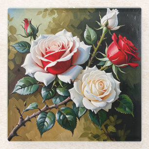 Pretty pink white red roses oil painting glass coaster