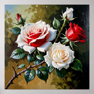 Pretty pink white red roses oil painting poster