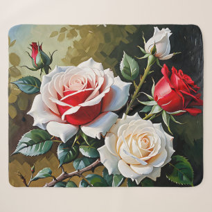 Pretty pink white red roses oil painting sherpa blanket