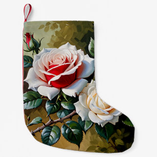 Pretty pink white red roses oil painting small christmas stocking