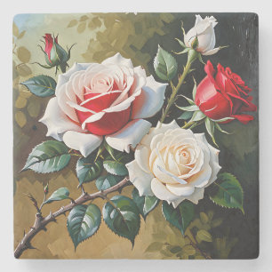 Pretty pink white red roses oil painting stone coaster