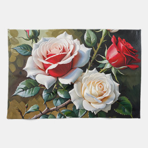 Pretty pink white red roses oil painting tea towel