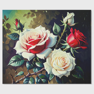 Pretty pink white red roses oil painting wrapping paper