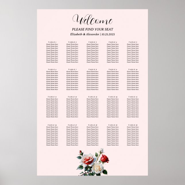 Pretty pink white red roses seating chart (Front)