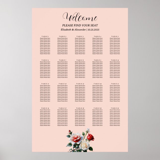 Pretty pink white red roses seating chart (Front)