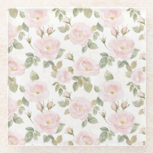 Pretty Pink White Roses Floral Bridal Shower Glass Coaster