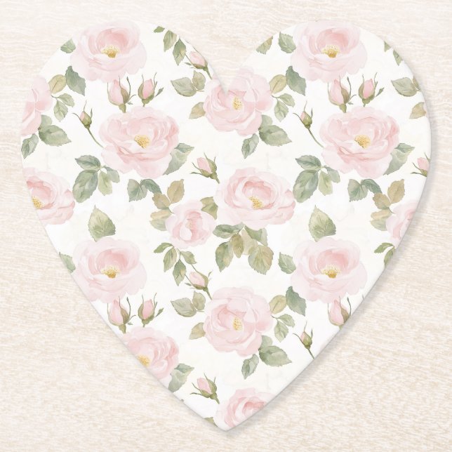 Pretty Pink White Roses Floral Bridal Shower Paper Coaster (Front)