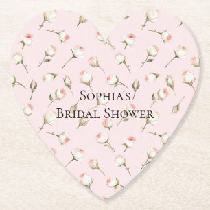 Pretty Pink White Roses Floral Bridal Shower Paper Coaster