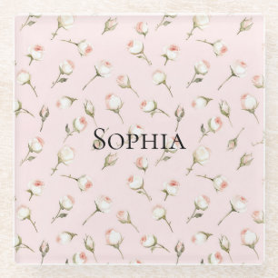 Pretty Pink White Roses Floral Glass Coaster