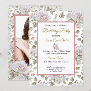 Pretty Pink White Roses Photo Birthday Party Invitation