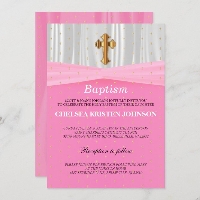 Pretty Pink & White Satin Baptism / Christening Invitation (Front/Back)