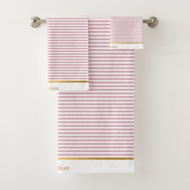 PRETTY PINK WHITE STRIPED TRIM TOWEL SET (Insitu)