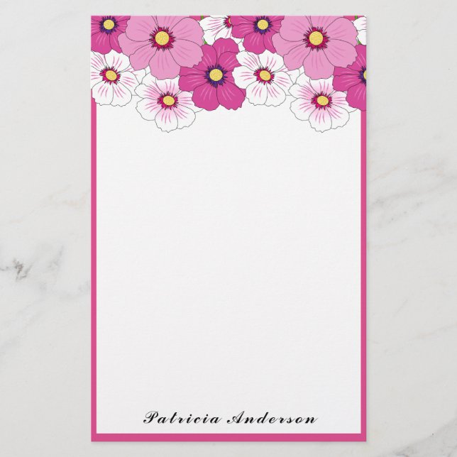 Pretty Pink White Yellow Flower Stationery (Front)
