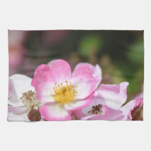 pretty pink wild rose flowers for ladies tea towel