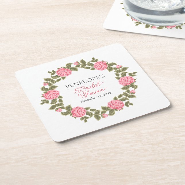 PRETTY PINK WILD ROSES BRIDAL SHOWER NAME DATE SQUARE PAPER COASTER (Angled)