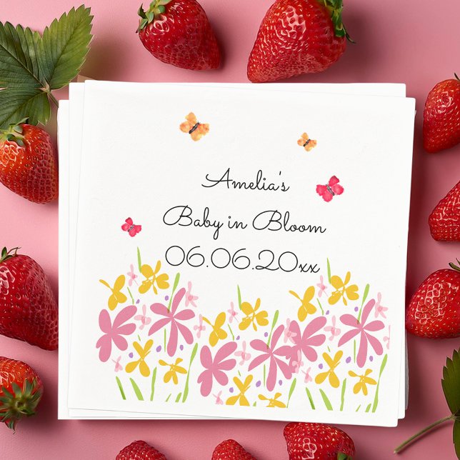 Pretty Pink Wildflower Baby in Bloom Personalised Napkin (Creator Uploaded)