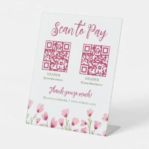 Pretty Pink Wildflowers Scan To Pay 2 QR Codes Pedestal Sign