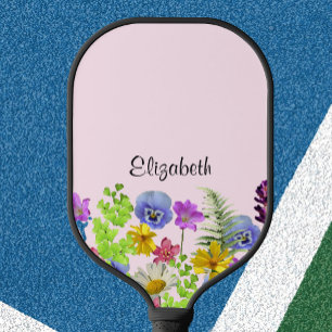 Pretty pink wildflowers with custom name womens pickleball paddle