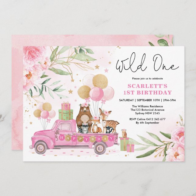Pretty Pink Woodland Wild One Girl 1st Birthday Invitation (Front/Back)