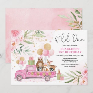 Pretty Pink Woodland Wild One Girl 1st Birthday Invitation