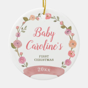 Pretty Pink Wreath Personalised Girl Christmas Ceramic Ornament