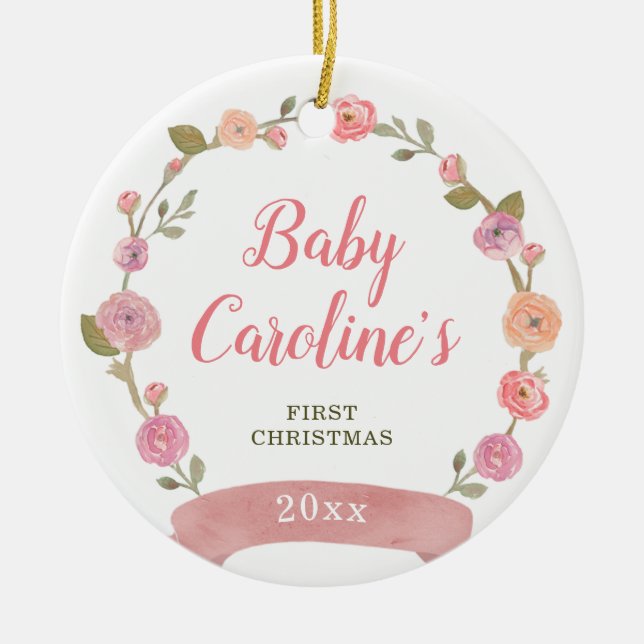 Pretty Pink Wreath Personalised Girl Christmas Ceramic Ornament (Front)
