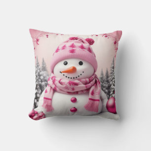Pretty Pink Xmas Snowman Cushion