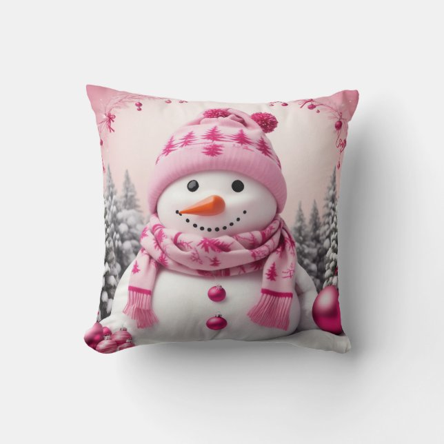 Pretty Pink Xmas Snowman Cushion (Front)