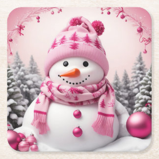 Pretty Pink Xmas Snowman Square Paper Coaster