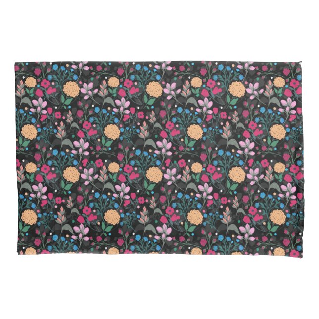 Pretty Pink & Yellow Small Floral Black Design Pillowcase (Front)