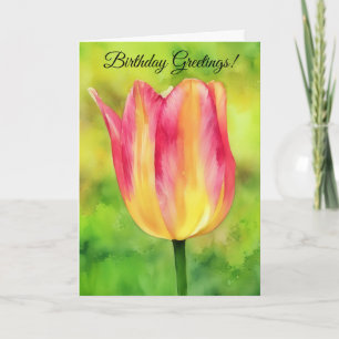 Pretty Pink Yellow Tulip Flower Art Birthday Card