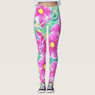 Pretty Pink Yellow White & Green Floral Leggings