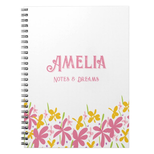 Pretty Pink & Yellow Wildflower Personalized Notebook (Front)