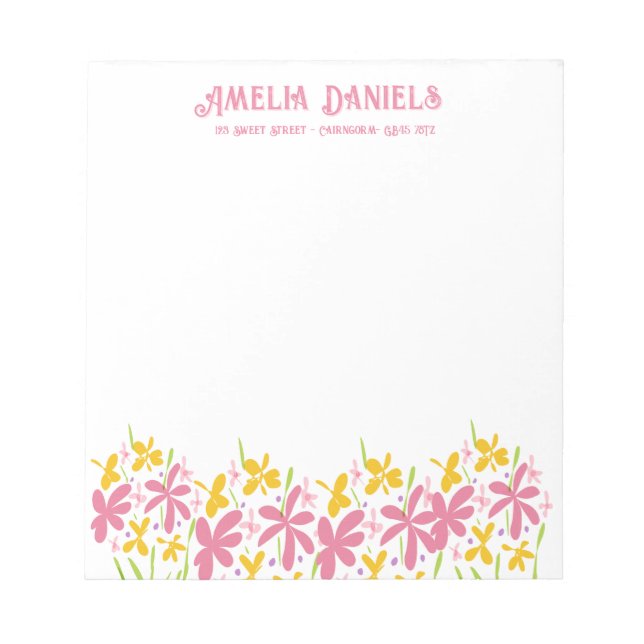 Pretty Pink & Yellow Wildflower Personalized Notepad (Front)