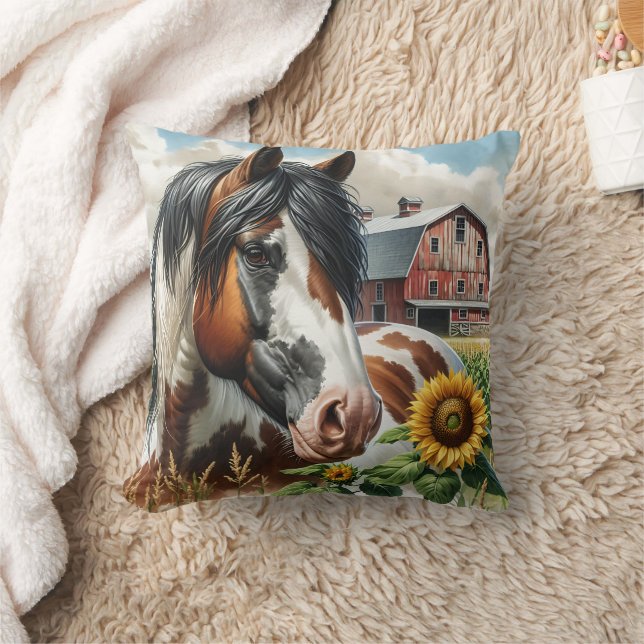 Pretty Pinto Brown and White Horse on Rustic Farm Cushion (Blanket)