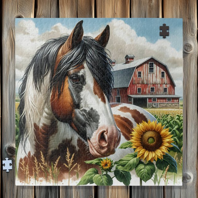 Pretty Pinto Brown and White Horse on Rustic Farm Jigsaw Puzzle (Creator Uploaded)