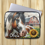 Pretty Pinto Brown and White Horse on Rustic Farm Laptop Sleeve<br><div class="desc">Pretty personalised tablet case with a brown,  black and white spotted horse surrounded by sunflowers and a rustic red barn in the background.</div>