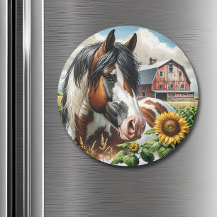 Pretty Pinto Brown and White Horse on Rustic Farm Magnet