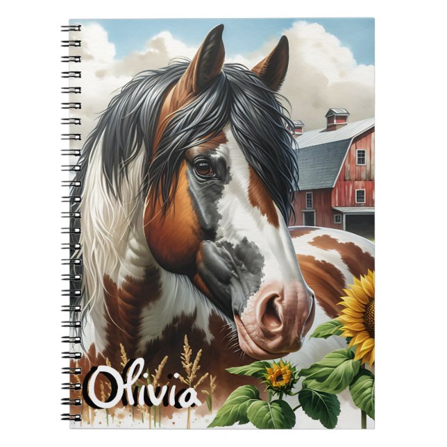 Pretty Pinto Brown and White Horse on Rustic Farm Notebook (Front)