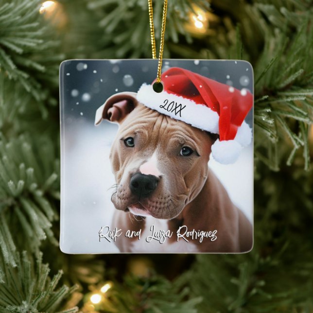 Pretty Pit Bull with Santa Hat Christmas Ceramic Ornament (Tree)