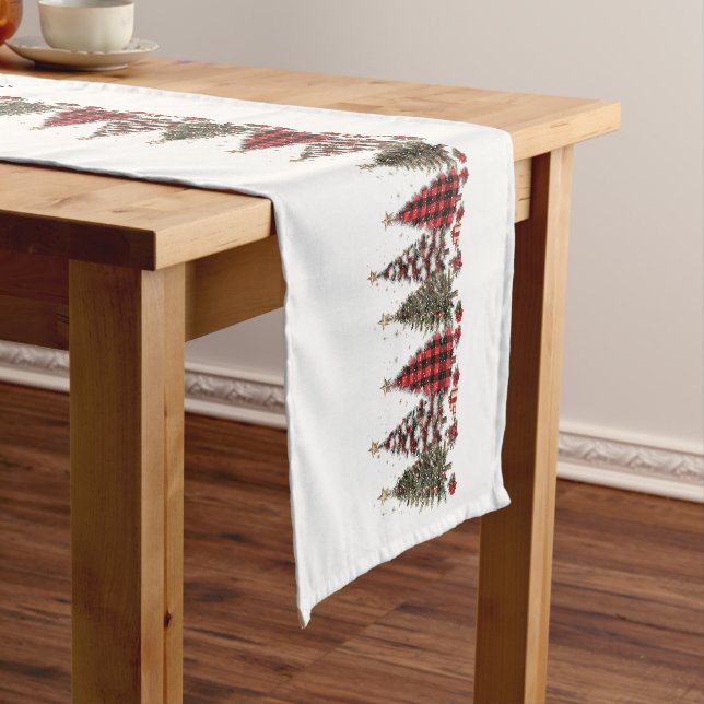 Pretty Plaid Christmas Trees Medium Table Runner (In Situ)