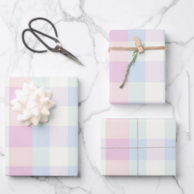 Pretty Plaid Pastel Pink Blue Pattern Wrapping Paper Sheet (Front)