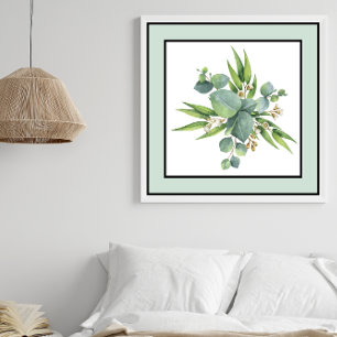Pretty Plant Floral Black Lines Pale Green Border Poster