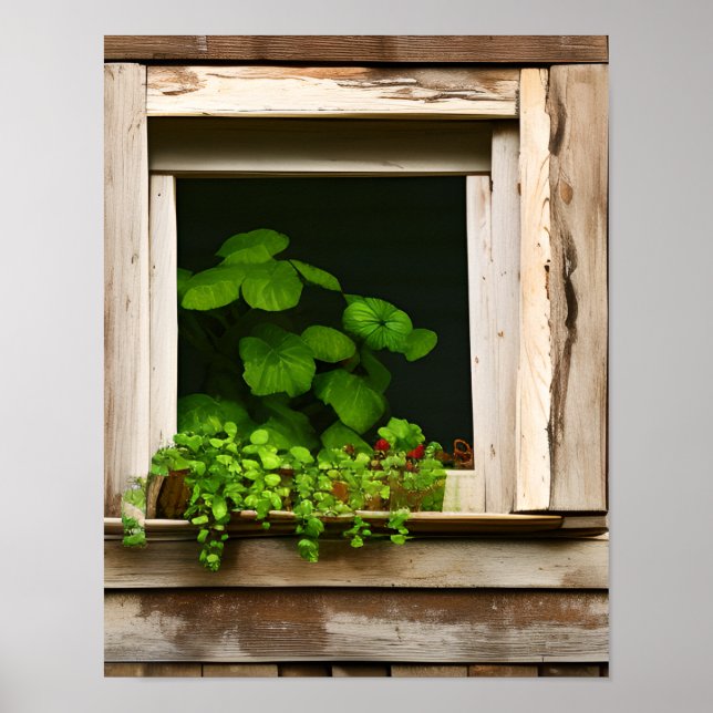 Pretty Plants in Rustic Window with Weathered Wood Poster (Front)