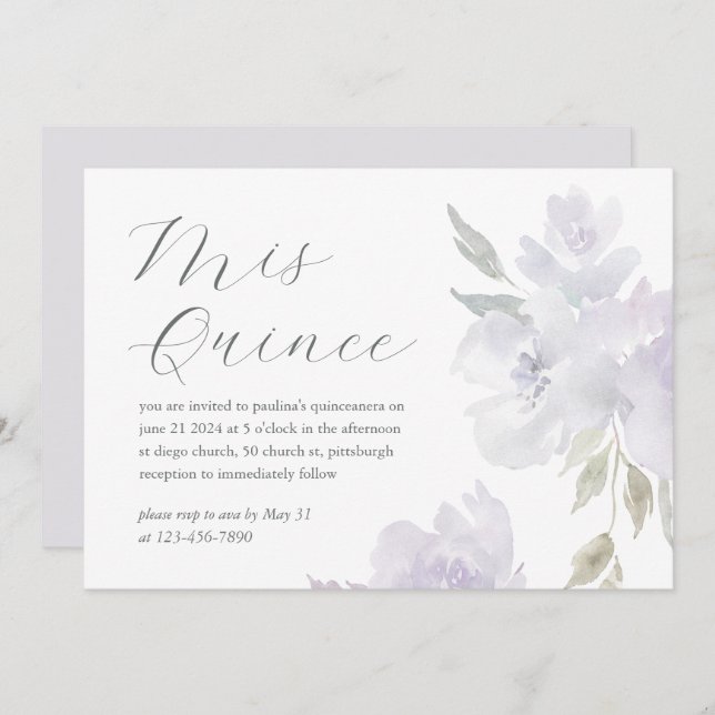 Pretty Plum Floral 15 Years Birthday Quinceañera Invitation (Front/Back)